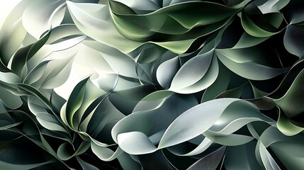 Wall Mural - Abstract Green and White Leaflike Forms Intertwined