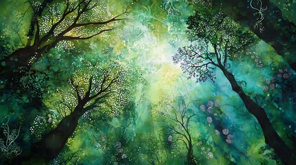 Wall Mural - An Upward View Of Lush Green Trees In A Forest