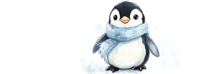 Poster - Cute illustrated penguin wearing a blue scarf standing on snow during winter season. Generative AI
