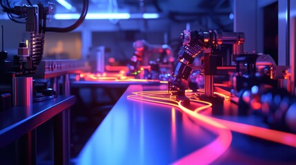 Wall Mural - Artistic rendering of quantum circuits forming light trails as they connect different quantum processors in a lab setup