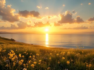 Wall Mural - a peaceful image of a golden sunset over a calm sea or meadow, symbolizing the end of a journey, wit