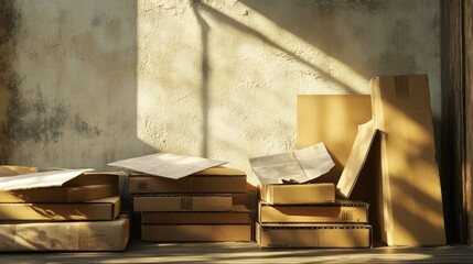 Sticker - Cardboard Boxes Stacked Against a Weathered Wall in Sunlight