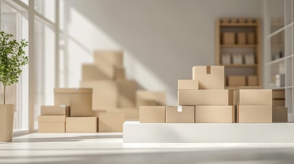 Wall Mural - Cardboard Boxes Stacked on a White Platform in a Bright Room