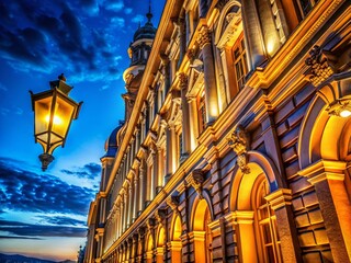 Wall Mural - Illuminated Building Wall at Night - Cityscape Night Photography Stock Photo