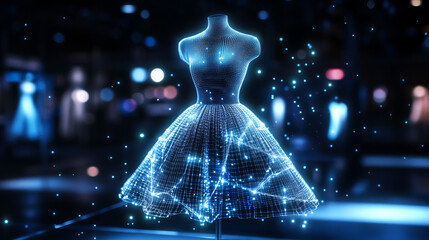 Wall Mural - hologram dress. a dress made of polygons, triangles of dots and lines. the dress icon is a low-poly 