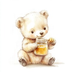 Poster - Cute baby bear enjoying honey from a jar during a sunny afternoon in a cozy forest environment. Generative AI