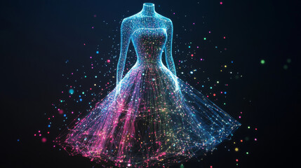 Wall Mural - hologram dress. a dress made of polygons, triangles of dots and lines. the dress icon is a low-poly 