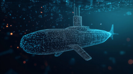 Wall Mural - hologram submarine. submarine made of polygons, triangles, dots, and lines. low-poly submarine struc