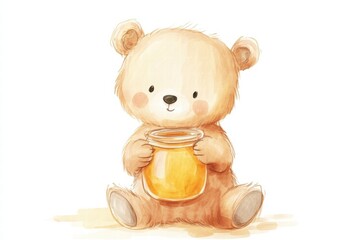 Poster - Charming illustrated bear enjoying sweet honey in a whimsical setting during a sunny afternoon. Generative AI