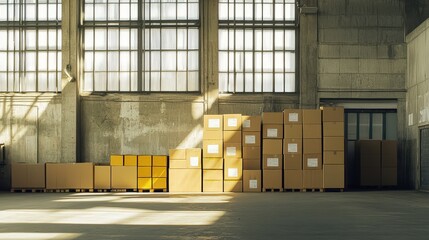 Sticker - Cardboard Boxes Stacked in a Sunlit Warehouse