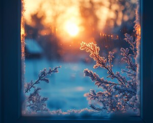 Canvas Print - Frosty winter sunset viewed through window.