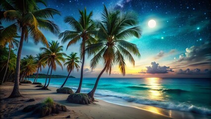 Wall Mural - Jamaica Beach Night: Palm Trees, Turquoise Waters, Starry Sky