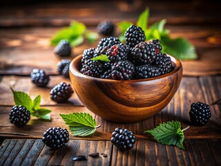 Wall Mural - Juicy Blackberries in Rustic Bowl on Wooden Table - Summer Fruit Photography