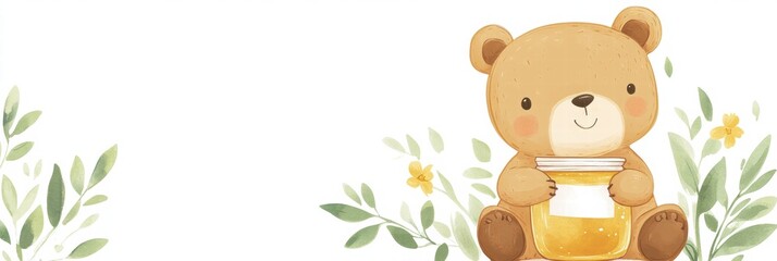 Poster - Cute illustrated bear holding a jar of honey surrounded by flowers and leaves in a whimsical garden setting. Generative AI