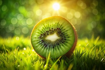 Wall Mural - Juicy Kiwi Slice on Vibrant Green Grass Landscape