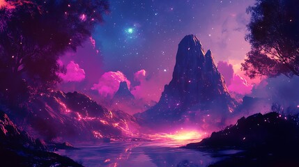 Wall Mural - A Magical Mountain Landscape Underneath a Starry Sky