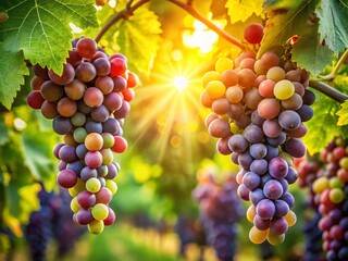 Wall Mural - Juicy Ripe Grapes Hanging on Vine, Close-up Vineyard Photography