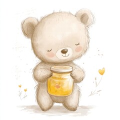 Aufkleber - Cute illustration of a teddy bear holding a jar of honey in a whimsical nature setting. Generative AI