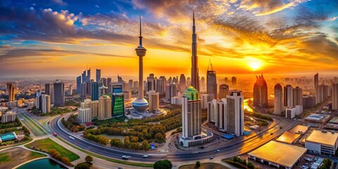 Wall Mural - Kuwait City Skyline Drone View: Liberation Tower & Arabian Architecture at Sunset