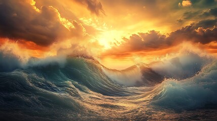 Wall Mural - Majestic Ocean Waves at Sunset Golden Sky Dramatic Scene