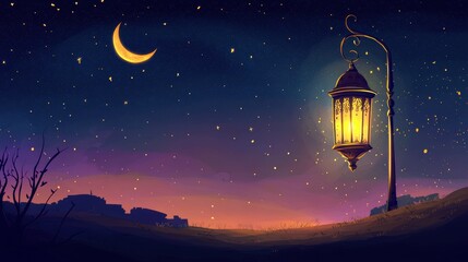 Wall Mural - Lantern and crescent moon under a starry night sky for a magical Eid atmosphere