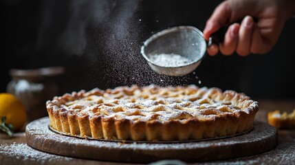 Sticker - A minimalistic photo of a pie being dusted with powdered sugar using a sieve, set against a dark background