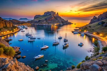 Wall Mural - Lindos Greece Night Bay Yachts Boats Rocky Coastline Low Light Photography