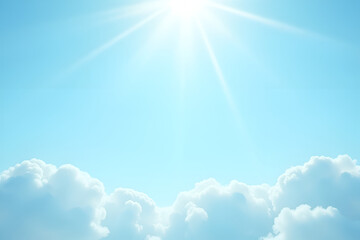 Wall Mural - a flyer featuring a light blue sky with soft, fluffy clouds and sun rays streaming down, evoking a s