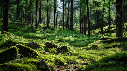 Sticker - Enchanted Forest Landscape: Lush Green Moss and Trees