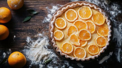 Sticker - A minimalistic artistic tart topped with orange slices, surrounded by oranges and flour on a wooden surface