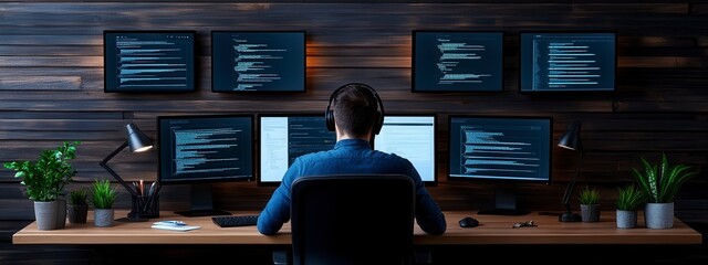 Professional programmer working diligently at a modern desk surrounded by multiple screens displaying code and data analytics