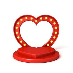 Aufkleber - Blank red love heart shape podium pedestal with retro yellow neon light bulbs or blank valentines product display stage podium isolated on white background with shadow ideas love concepts 3D rendering