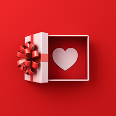 Leinwandbilder - Blank white gift box open with love like heart or top view of white present box tied with red ribbon bow isolated on dark red background with shadow minimal valentines day conceptual 3D rendering