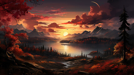 Poster - Autumn Sunset Over a Mountain Lake