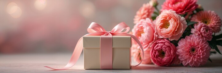 A pink gift box with a ribbon beside a pink flower arrangement. 