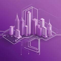 Poster - A Purple Colored Cityscape Composition with Geometric Shapes and Lines.
