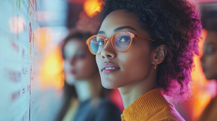 Wall Mural - A young woman with curly hair and orange glasses stands in focus, collaborating with others in a softly lit environment with colorful backgrounds