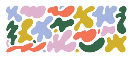 Aufkleber - Set of abstract liquid vector shapes. Fluid blobs elements for collages and design. Abstract organic colorful vector elements. Set of modern irregular forms. Random psychedelic curvy shapes.