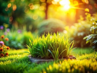 Wall Mural - Lush Green Grass Garden, Shallow Depth of Field, Tilt-Shift Miniature Effect