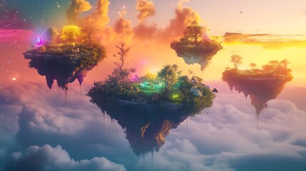 Wall Mural - Floating Islands A Fantasy Landscape Above Clouds