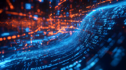 Digital streams of binary code and data flow around a glowing blue mail icon, representing the convergence of email and technology in the modern world, abstract binary code