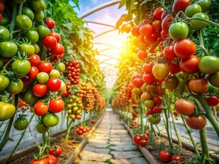 Canvas Print - Lush Organic Tomatoes Growing in a Greenhouse - Panoramic View