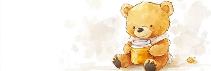 Poster - Cute illustrated bear holding a jar of honey while sitting on a light background. Generative AI