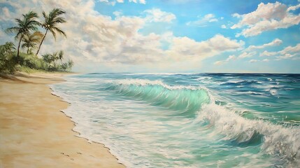 Wall Mural - Tropical Beach Scene With Palm Trees And Ocean Waves