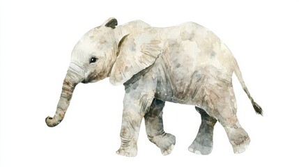 Poster - Elegant illustration of a baby elephant walking gracefully across a plain background in soft watercolor tones. Generative AI