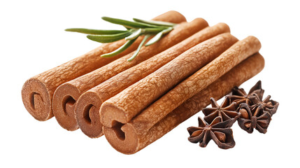 Wall Mural - Aromatic Cinnamon Sticks with Star Anise and Rosemary Sprig Warm Spice Background Image brown macro spices baking, isolated on transparent background.    