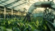 © Mcgui - A robot assisting in a high-tech smart farm with automated planting systems and sensors, clean and modern agricultural environment, Smart-farming-tech style