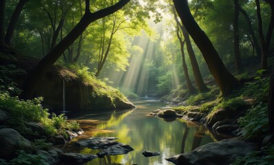 Wall Mural - Serene forest with sun rays shining