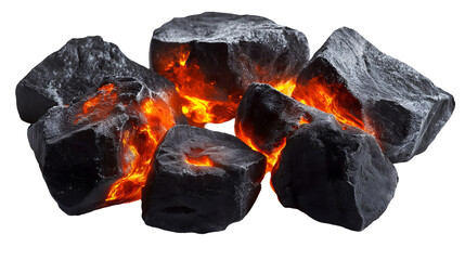 glowing embers of burning coal, dark volcanic rocks, intense heat, fiery orange and black colors, is