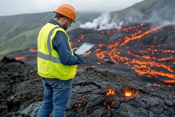 an engineer wearing safety gear and holding a tablet observes an active lava flow in a volcanic land